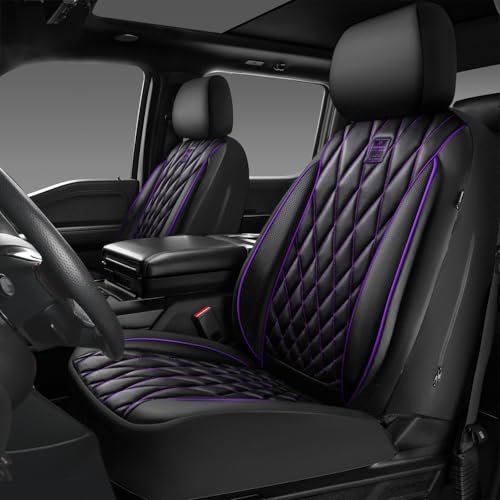 CAR PASS Piping Luxury Faux Leather Two Front Car Seat Covers, Waterproof Anti Slip Premium Automotive Seat Covers,Universal Fit for Suvs,Vans,Trucks, Armrest Airbag Compatible (Black and Purple)
