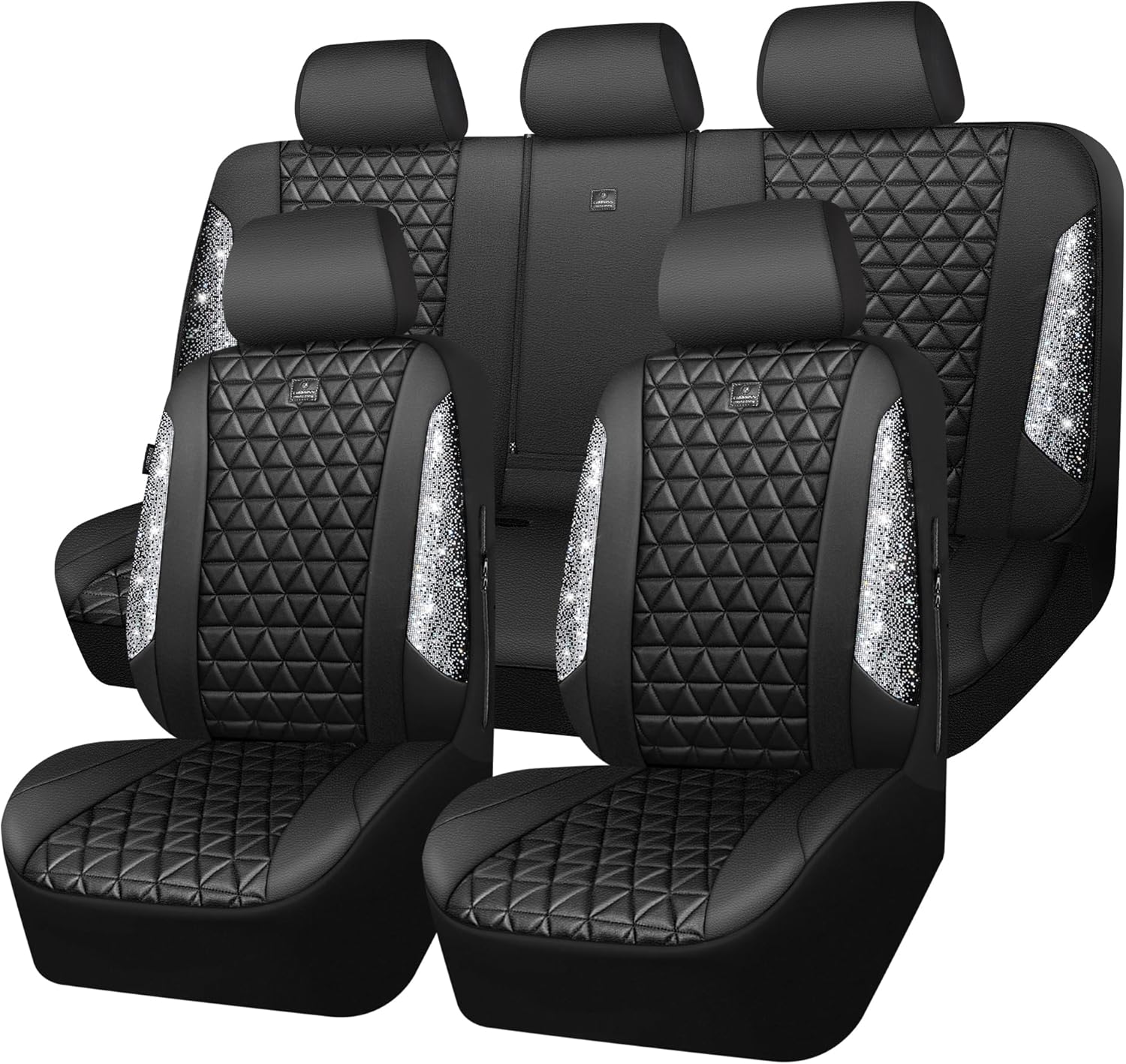 CAR PASS Bling Diamond Leather Car Seat Covers Full Seats Interior Sets, Waterproof Shining Glitter Sparkly Crystal Universal Armrest Fit Automotive Truck SUV Cute Women Girl, Black Silver Rhinestone