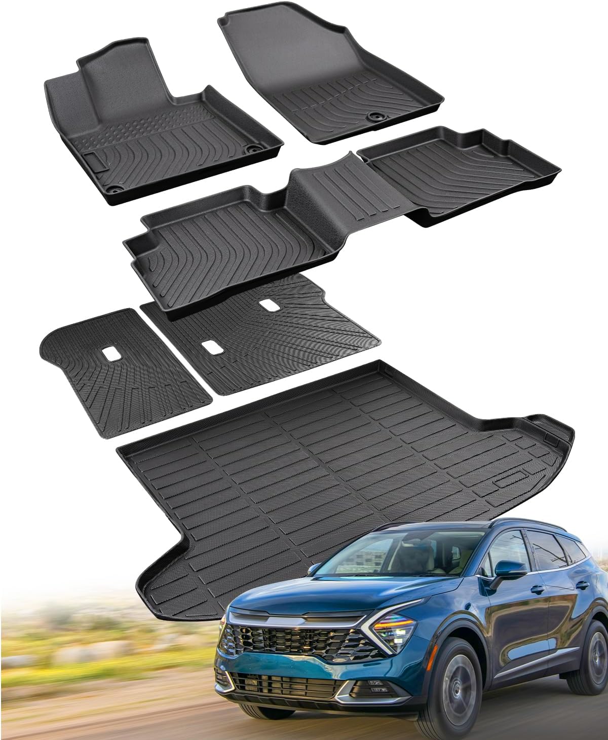 for Kia Sportage Floor Mats & Cargo Liner with Back Seat Cover Protector 2023 2024 2025 2026 (Not Hybrid) All Weather Waterproof TPE Rubber Floor Mats
