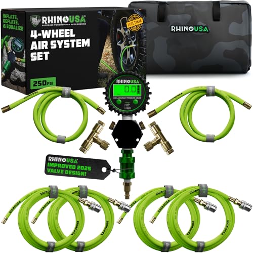 Rhino USA 4 Tire Inflation/Deflation System - Fits up to 155" Wheelbase - Ultra Fast 4 Way Tire Inflator Hose Kit for Truck, Car, Trailers & Motorcycles - Improved Design With On/Off Slide Valve