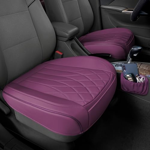 2 Pack Leather Front Car Seat Cover Bottom Car Seat, Universal Anti-Slip Driver Car Seat Protectors with Storage Pocket, Waterproof Bottom Auto Seat Cushion Pad Mat for Most Vehicles(Purple)