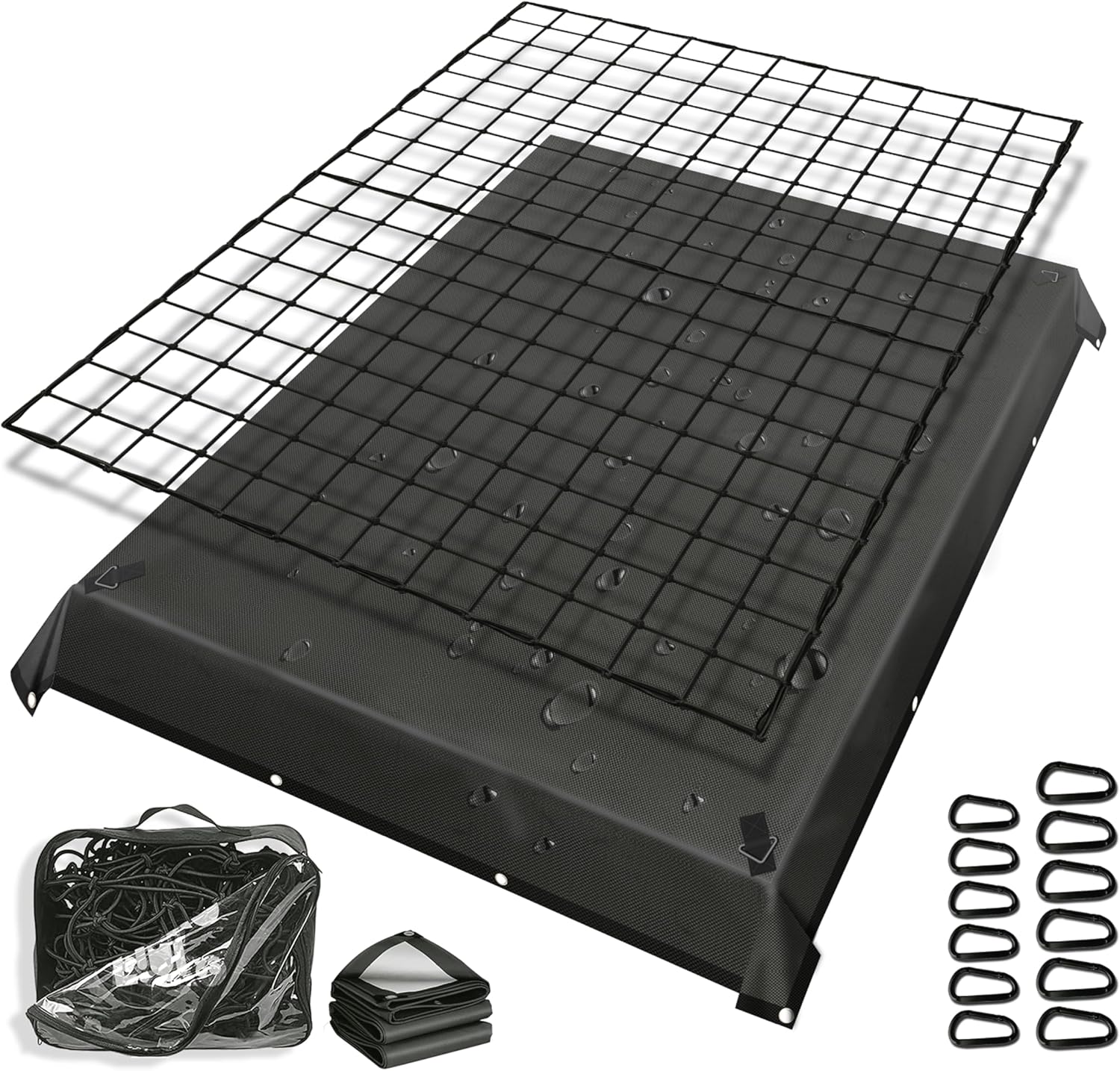Highly Elastic Cargo Net for Pickup Truck Bed,4' x 6' Small Mesh Latex Bungee Net Cargo Netting with 5.2X 6.5ft Truck Bed Tarp, Cargo Net Suitable for Daily and Rainy Day Loading of Trucks