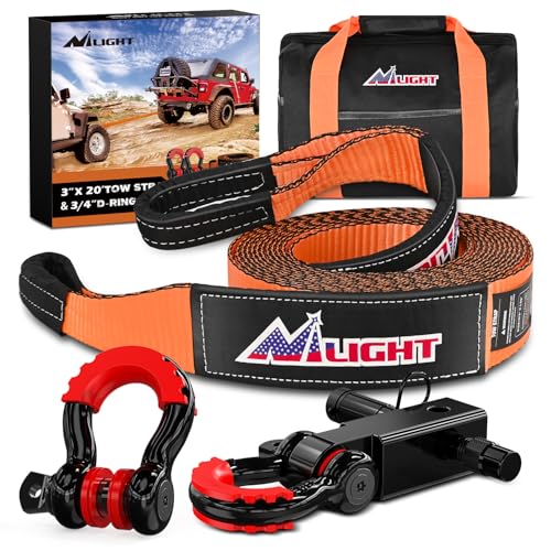 Nilight 3" x 20' Recovery Tow Strap Kit with 2" Hitch Receiver