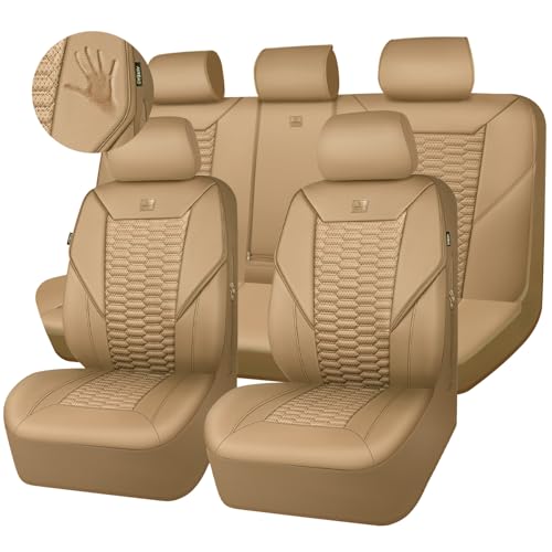 CAR PASS 3D Foam PU Leather Car Seat Covers Full Set,Tan Breathable Faux Leather Seat Covers for Car,Anti Slip Universal Fit for SUVs Vans Sedan Truck Automotive,Armrest Airbag Compatible All Beige