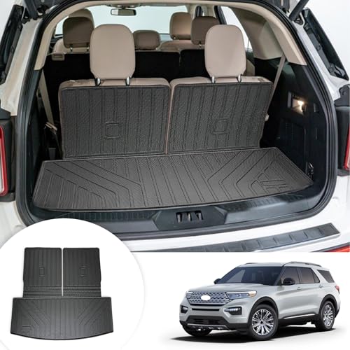 Auxko All Weather Cargo Mat with Back Seat Mat Fit for Ford Explorer 2025 2024 2023 2022 2021 2020 TPE Trunk Mat Accessories All Season Odorless Anti-Slip Black
