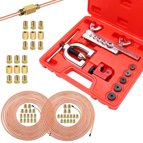 25 ft 3/16 + 1/4 Copper Coated Brake Line Tubing Kit(Includes 44 Fittings and 6 Unions) with Double & Single Flaring Tool Kit