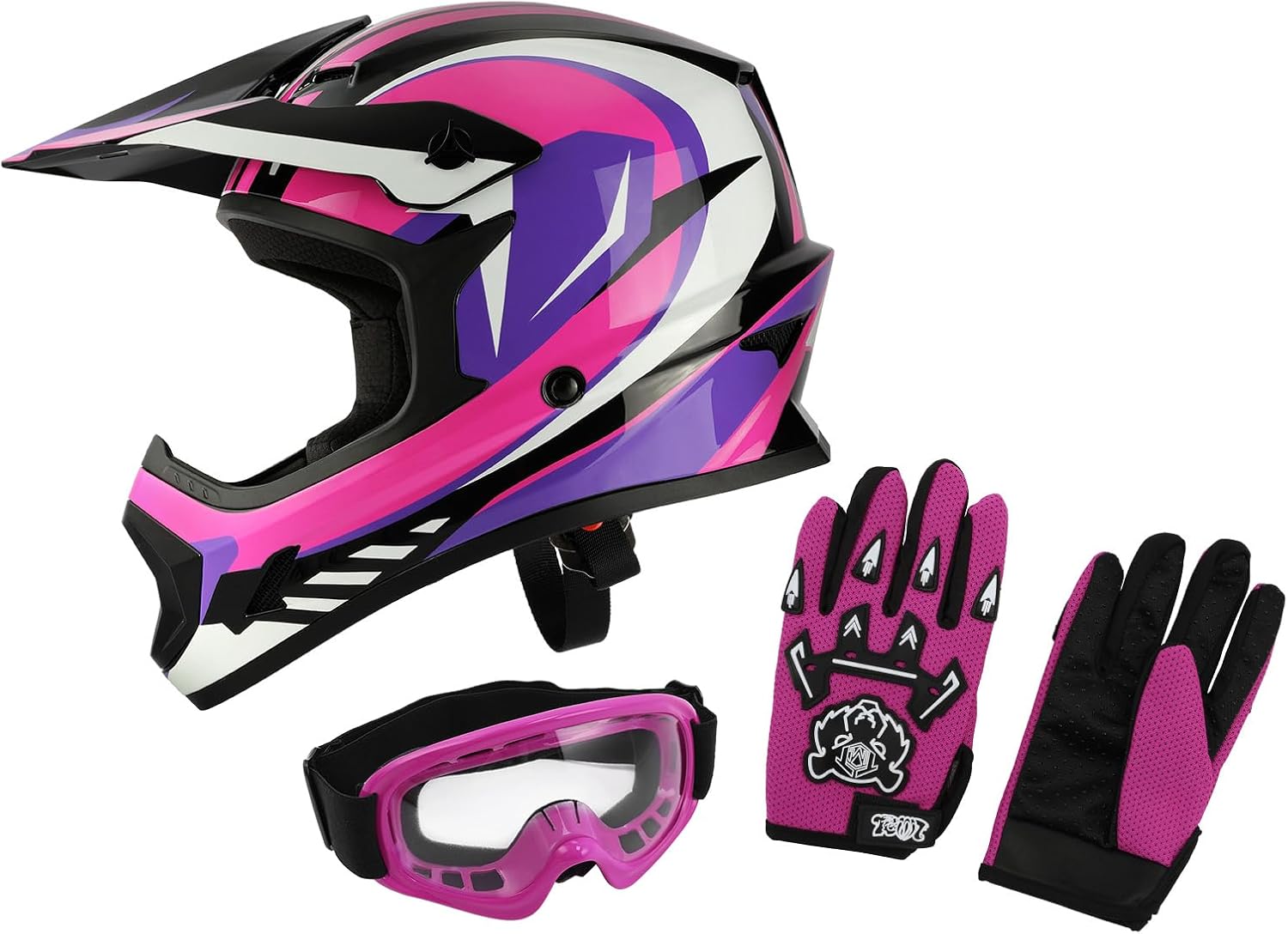 XFMT DOT Youth Full Face Helmet with Goggles Gloves, Rose Red