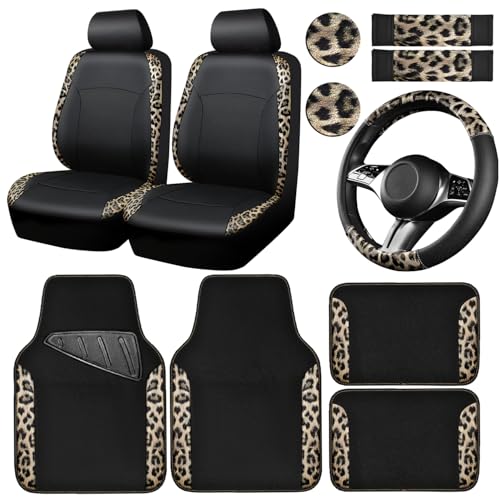 CAR PASS Leopard Print Faux Leather Car Seat Covers & Leopard Car Mats&Leopard Steering Wheel Cover Seat Belt Universal Car Accessories for SUV,Van,Saden,Truck Automobile Interior Sets(Gold Black)