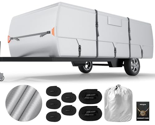 Oxford Fabric Pop Up Folding Camper Cover 14'-16' Super Waterproof Tear-Resistant Anti-UV Tent Trailer Cover for Winter Snow with Reinforced Corners, 5+2 Windproof Straps, Storage Bag