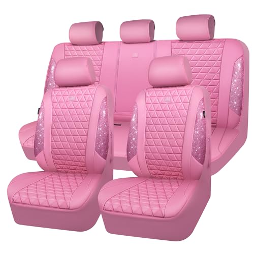 CAR PASS Bling Diamond Pink Leather Car Seat Covers Full Sets Interior Sets, Waterproof Shining Glitter Sparkly Crystal Universal Armrest Fit for Automotive Truck SUV Cute Women Girl, Pink Rhinestone