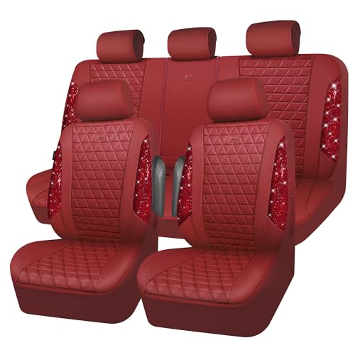 CAR PASS Bling Diamond Burgundy Leather Car Seat Covers Full Sets Interior Sets, Waterproof Shining Glitter Sparkly Crystal Universal Armrest Fit Automotive Truck SUV Cute Women Girl, Red Rhinestone