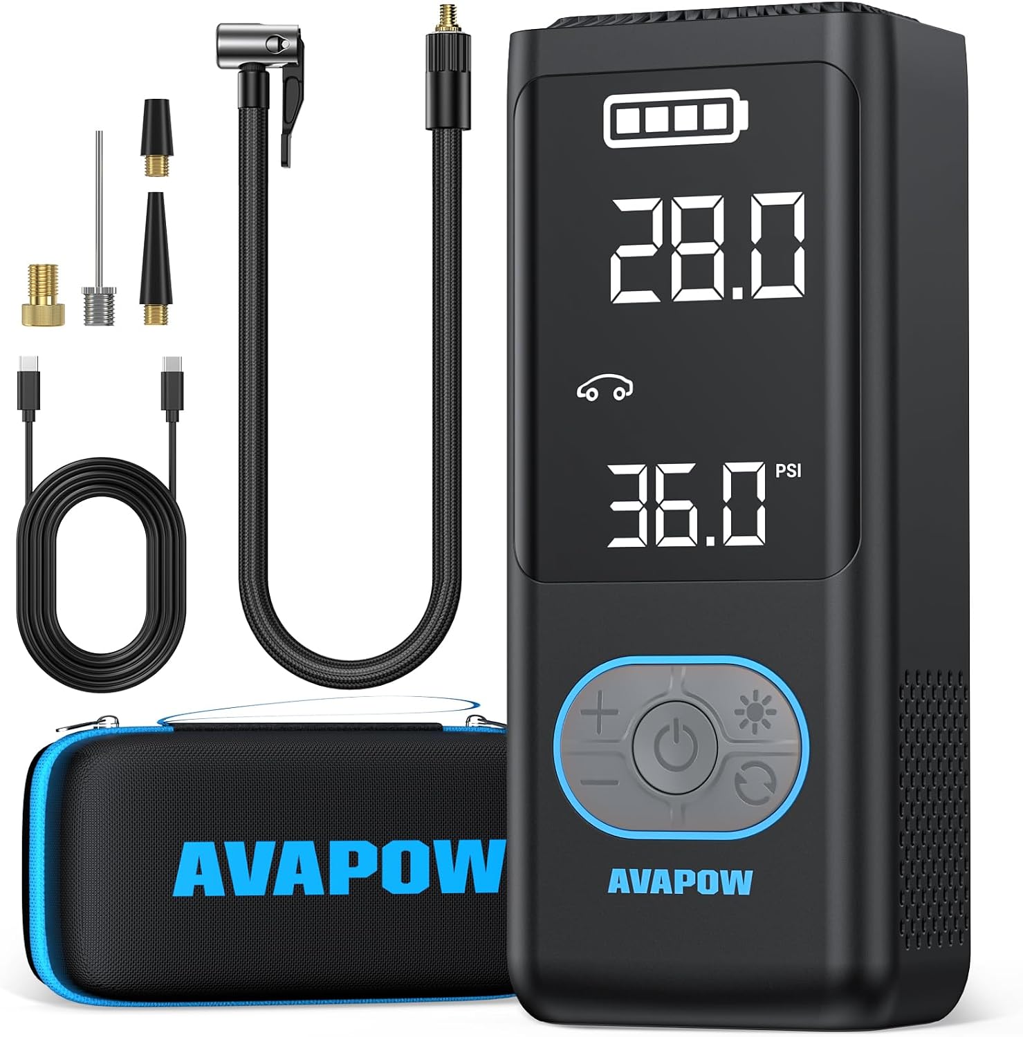 AVAPOW AP18 Tire Inflator Portable Air Compressor, 300% Faster 150 PSI Cordless Air Pump with Tire Pressure Gauge, 3.7 Dual LCD Screen, Auto-Shuts Off Tire Pump for Car, Motorcycle, Bicycle, Black