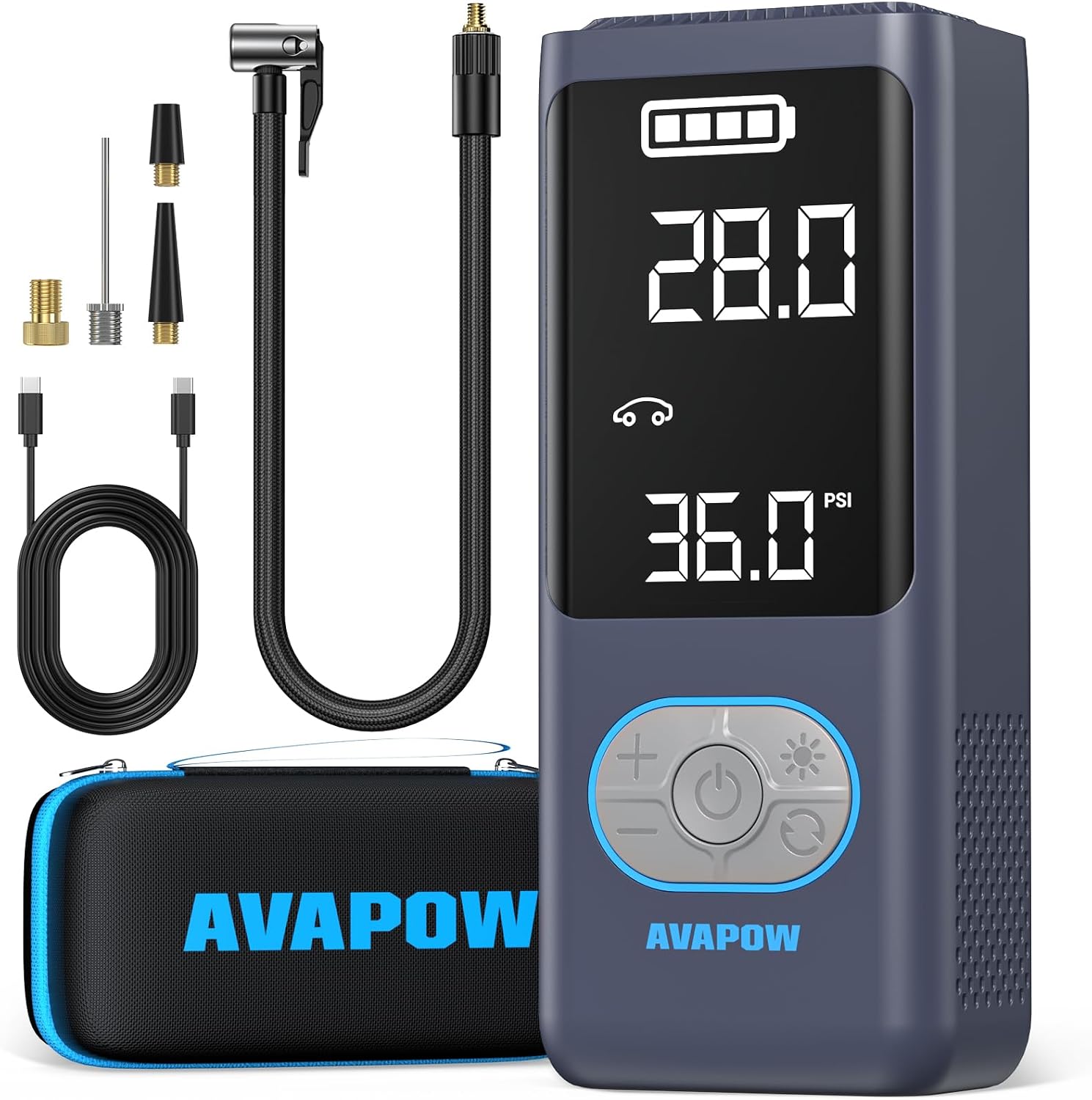 AVAPOW AP18 Tire Inflator Portable Air Compressor, 300% Faster 150 PSI Cordless Air Pump with Tire Pressure Gauge, 3.7 Dual LCD Screen, Auto-Shuts Off Tire Pump for Car, Motorcycle, Bicycle, Purple
