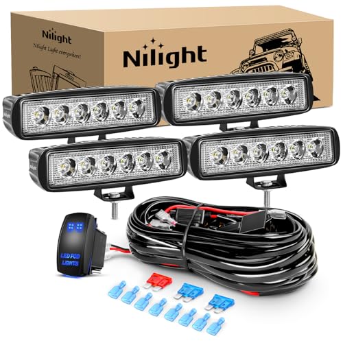 Nilight LED Light Bar 4PCS 18W 6Inch Flood LED Pods Offroad Fog Light Waterproof with 16AWG LED POD Lights Wiring Harness Kit for Boat SUV ATV 4WD Car Truck Golf Cart 12V 24V -4 Leads