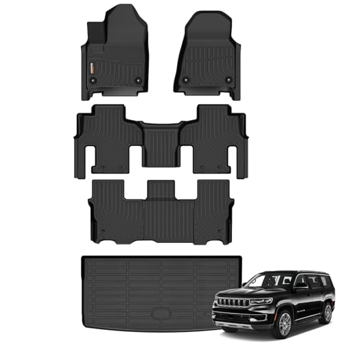 Binmotor-All Weather Car Floor Mats Cargo Liner for Jeep Wagoneer 2022-2025, 8 Passenger, TPE Rubber Liners for Jeep Wagoneer Accessories Cargo Trunk Mat-Black
