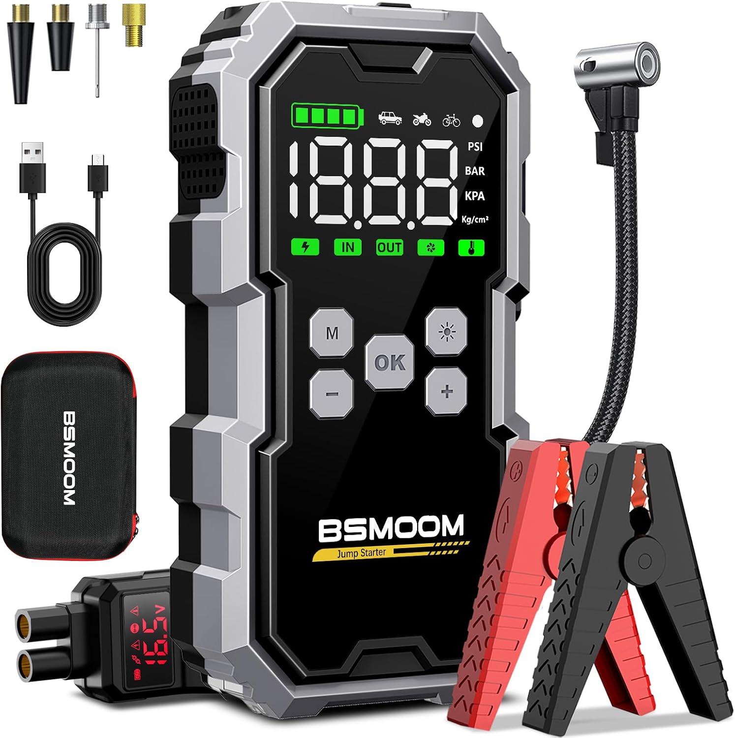 Jump Starter with Air Compressor, 7000A 26800mAh 150PSI Portable Car Battery Jump Starter (All Gas/10.0L Diesel), Jump Box Portable Jumper Cables with 3.4" LCD Display, 2 Lights