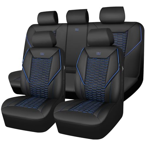 CAR PASS 3D Foam PU Leather Car Seat Covers Full Set,Luxury Breathable Faux Leather Seat Covers for Car,Anti Slip Universal Fit for SUVs Vans Sedan Truck Auto,Armrest Airbag Compatible,Black and Blue