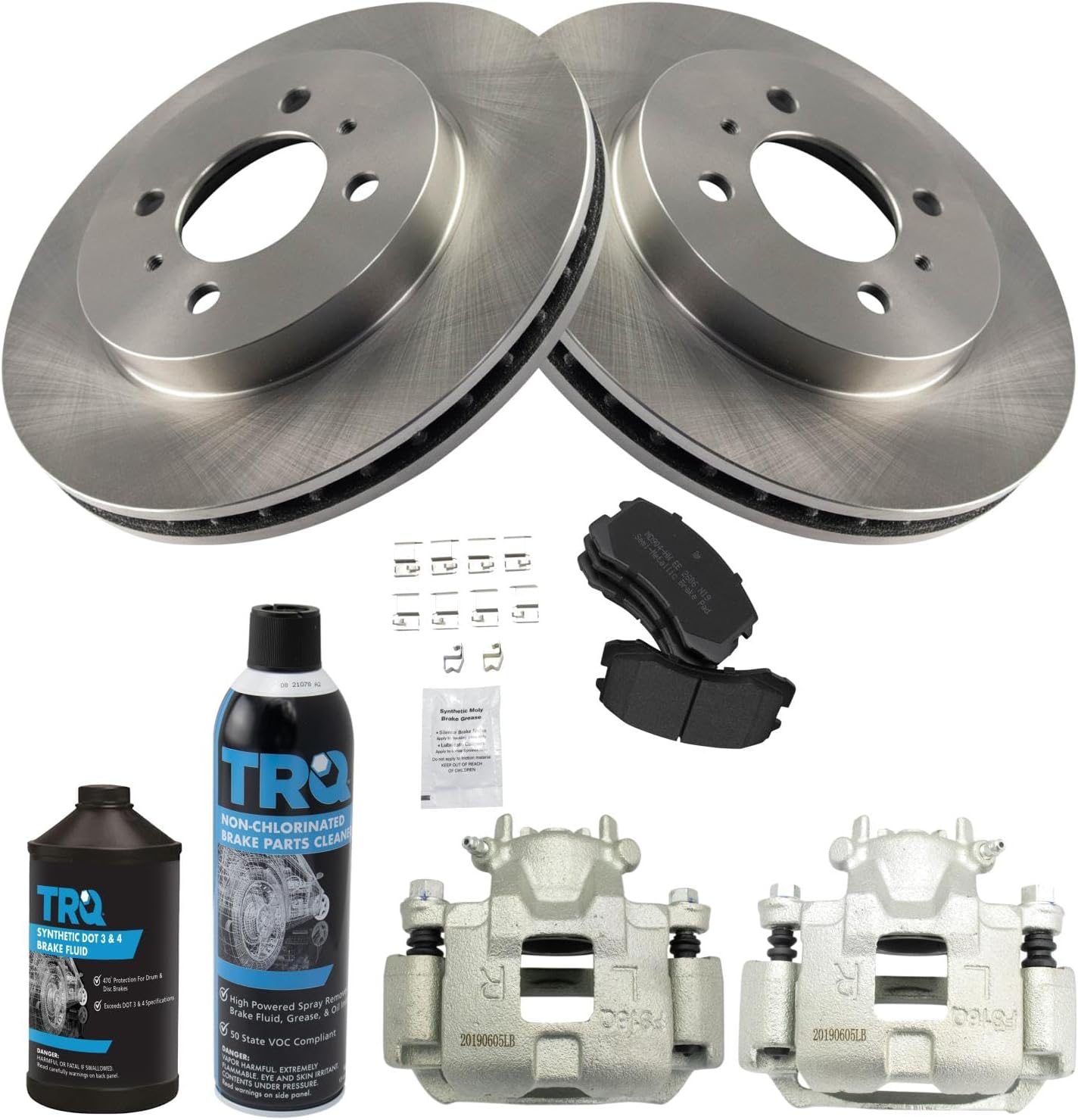 TRQ Front Brake Pad & Rotor Kit Brake Caliper Brake Chemical Kit Brake Pads Brake Rotor Semi-Metallic Compatible with 2002-2007 Mitsubishi Lancer