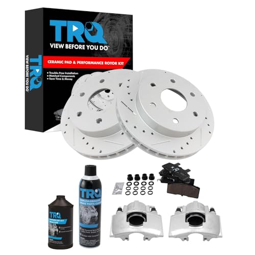 TRQ Front Performance Brake Pad & Rotor Kit Ceramic Premium G-Coated Slotted X Drilled Compatible with 92-94 Blazer 99-00 Escalade 88-98 K1500 92-99 K1500 Suburban K2500 95-00 Tahoe 92-00 Yukon