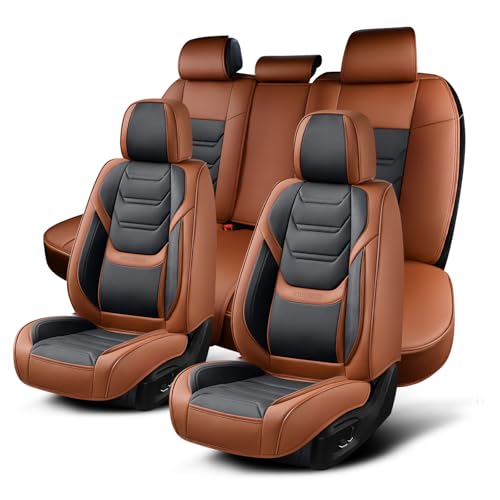 Leather Car Seat Covers Full Set with Lumbar Support, Waterproof Car Seat Cover, Universal Seat Covers for Cars, Trucks, SUVs, Sedans, Airbag Compatible, Front Pair and Rear, Brown&Black