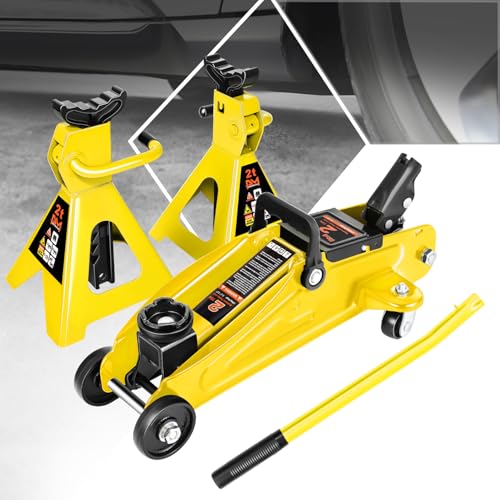 PM PERFORMOTOR Low Profile Hydraulic Trolley Service/Floor Jack Combo with 2 Ratchet Jack Stands, 2 Ton (4000 lbs) Capacity, Yellow,PM-TOL-FJ3P-YL