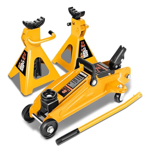 PM PERFORMOTOR Low Profile Hydraulic Trolley Service/Floor Jack Combo with 2 Ratchet Jack Stands, 2 Ton (4000 lbs) Capacity, Orange,PM-TOL-FJ3P-OG