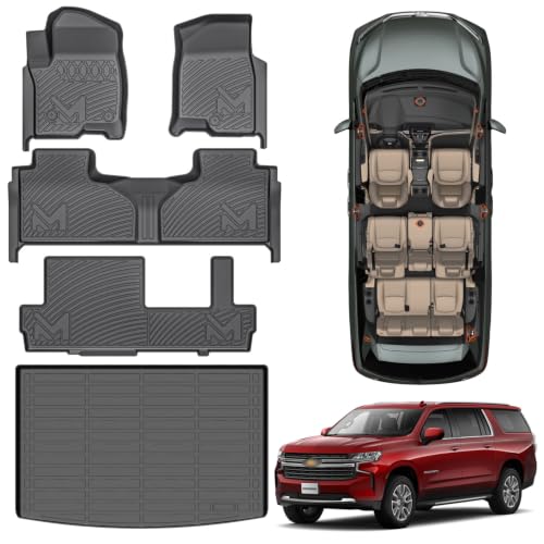 TPE Automotive Floor Mats & Cargo Liner Custom for 2021-2025 Chevy Suburban 8 Seats, All Weather Cover Protection Waterproof Black Liner Front & Rear Row Full Set Car Mats for 21-25 GMC Yukon XL, 5PCS