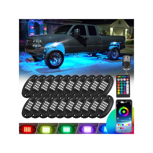 20 Pods RGB LED Rock Lights for Semi Trucks Offroad Pickup Trailer Sedan Boat, 12V Waterproof Dual Zone APP/RF Control Music Mode Brake Light Red Green Blue Underglow Neon Kit with Extension Wires
