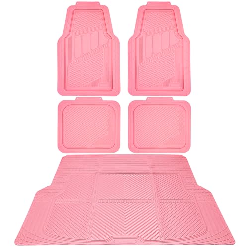 CAR PASS Heavy Duty Rubber Floor Mats Pink Car Mats Full Set with Trunk Cargo Liner - Universal Waterproof Floor Mats for Car SUV Truck, Durable All Weather Liner Mats Automotive Women (All Pink)