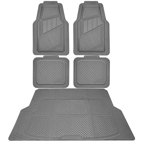 CAR PASS Heavy Duty Rubber Floor Mats Gray Car Mats Full Set with Trunk Cargo Liner - Universal Waterproof Floor Mats for Car SUV Truck, Durable All Weather Automotive Liner Mats (All Gray)
