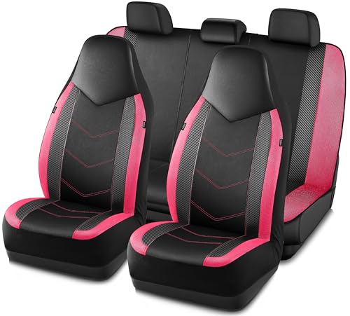 PIC AUTO Leather Car Seat Covers, Sports Carbon Fiber & Mesh Design, High-Back Front & Rear Full Set, Waterproof Automotive Seat Covers, Airbag Compatible, Universal Fit for Most Cars (Black&HotPink)