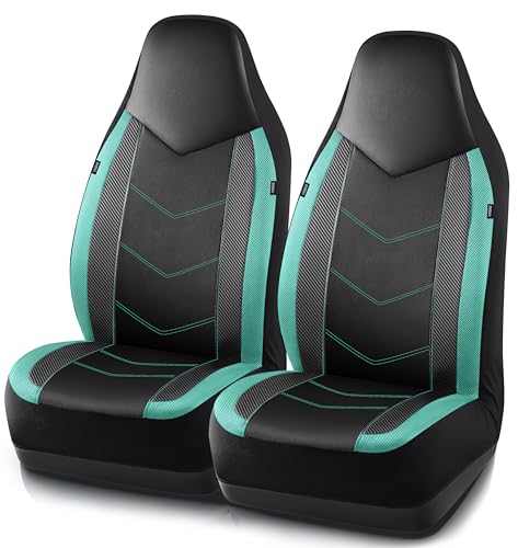 PIC AUTO Leather Car Seat Covers, Sports Carbon Fiber & Mesh Design, High-Back Two Front Set, Waterproof Automotive Seat Covers, Airbag Compatible, Universal Fit for Most Cars (Black & Mint)