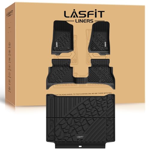 LASFIT Floor Mats & Trunk Mat for Jeep Wrangler Unlimited 4XE 2021-2025 4 Door with Subwoofer, Plug-in Hybrid EV-Gas (PHEV), All Weather TPE Custom Fit Floor Liners Cargo Mat Black