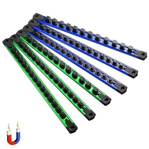 ALOANES 6-Piece Magnetic Socket Organizer, Heavy Duty Aluminum Socket Rails Organizer, 360 Swivel Clips Socket Holder Kit for Tool Box, 1/2, 3/8, 1/4-Inch x 80 Clips (Green&Blue)
