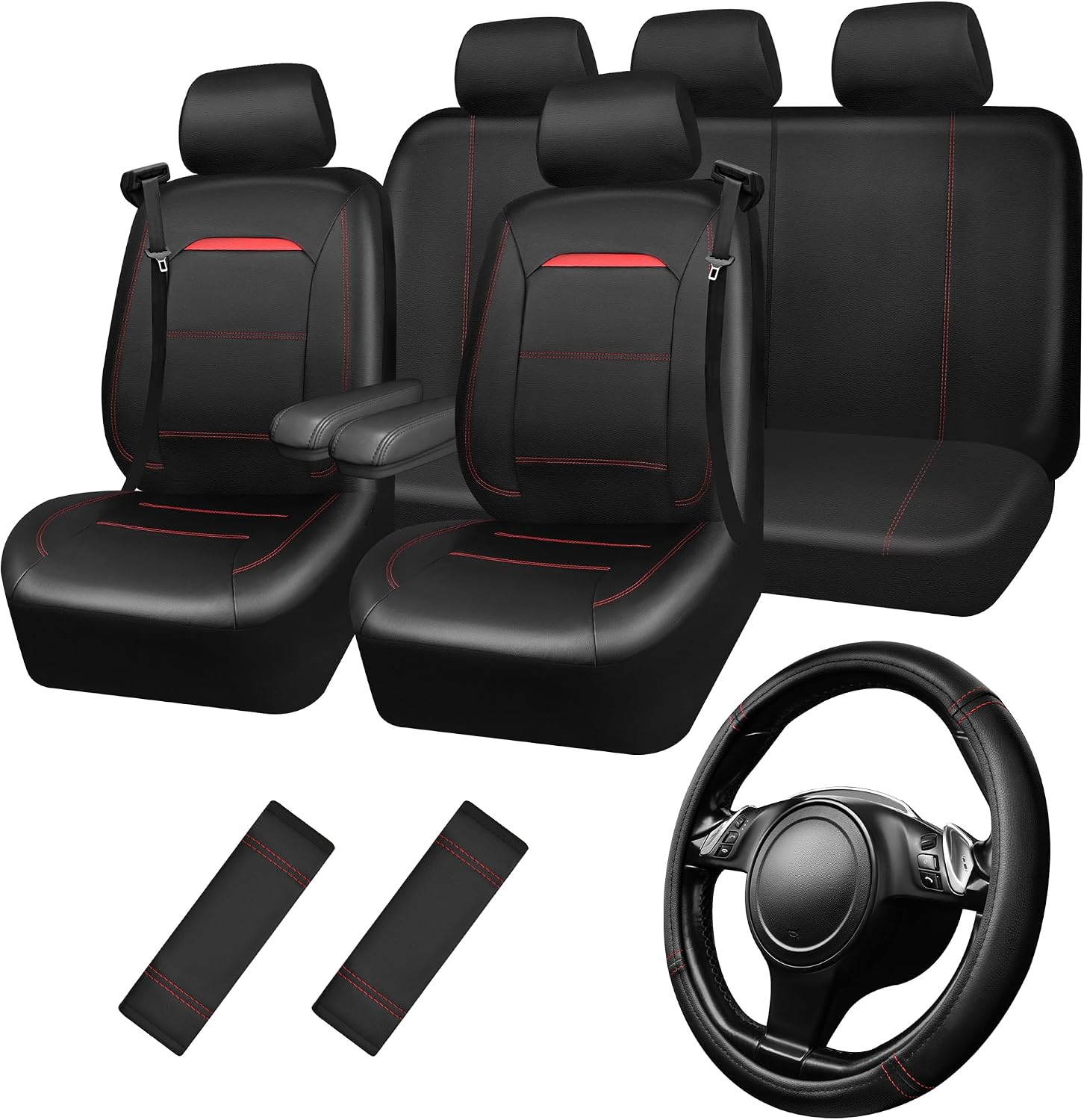 CAR PASS Leather Car Seat Cover Full Set with Steering Wheel Cover and 2PCS Seat Belt Shoulder Pads,for Trucks and SUV with Built-in Seatbelts and Front Seat Side Armrests(Combo Set, Black and Red)