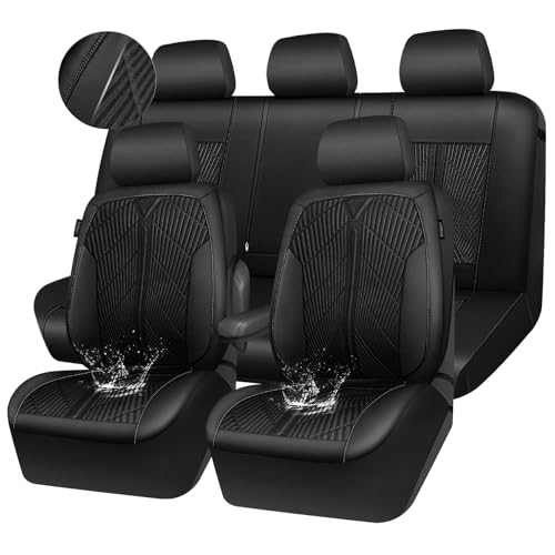 CAR PASS Leather Oxford Car Seat Covers Full Set, All-Weather Non-Slip Durable, Universal Fit for SUVs Sedans Trucks Vans Automotive, Armrest Airbag Compatible, 3D Emboss 5 Black