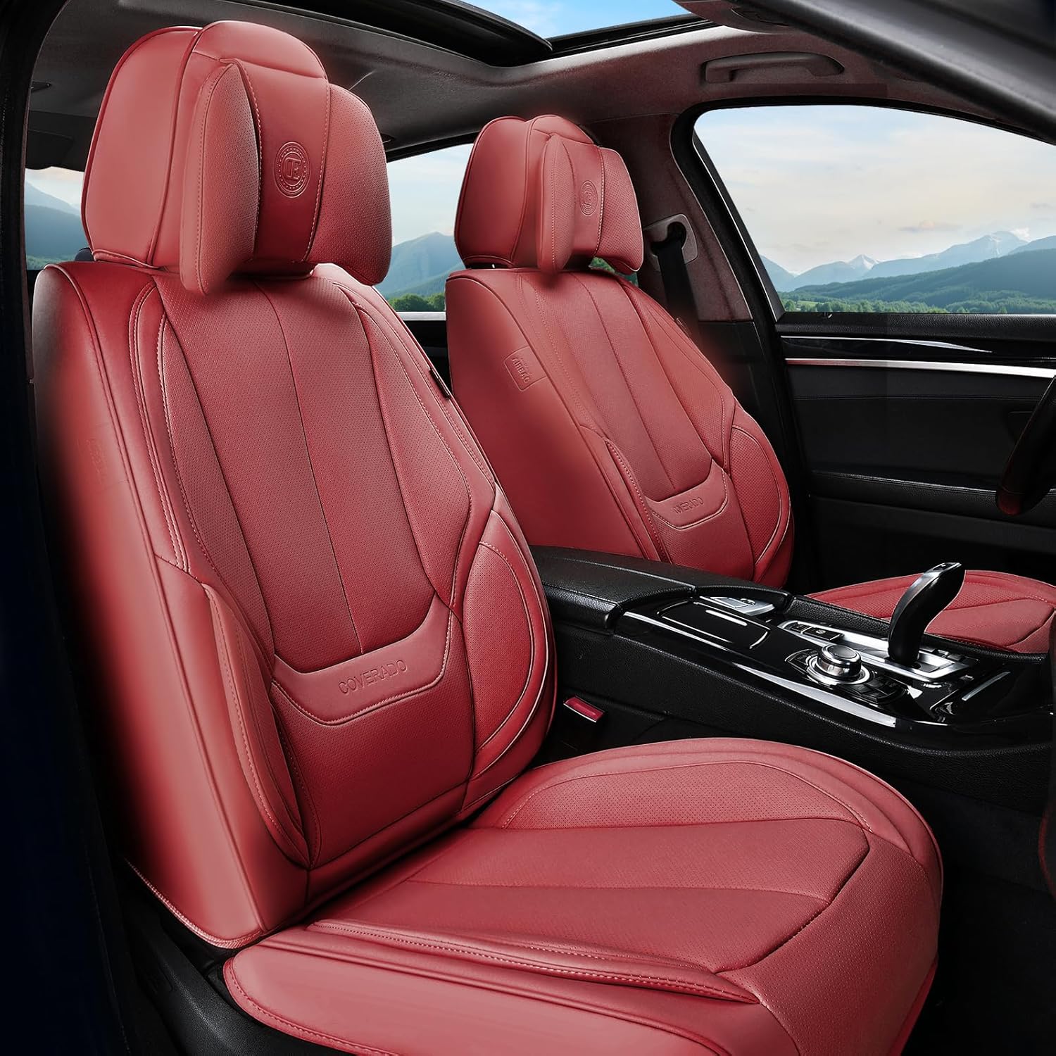 Coverado Universal Seat Covers Full Set, 5 Seats Universal Seat Covers for Cars, Waterproof Nappa Leather Car Seat Covers with Head Pillow, Auto Protectors Fit for Most Sedans SUV Pick-up Truck-Red
