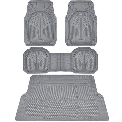 CAR PASS Heavy Duty Rubber Car Mats with Cargo Liner, Deep-Dish Car Floor Mats and Trunk Mat All Weather, Universal Trim-to-Fit for SUVs Trucks Sedans, Waterproof Anti-Slip, Trimmable V12 Gray