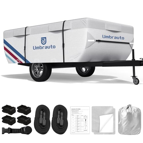 Umbrauto Pop Up Camper Cover for 12'-14' Folding Tent Trailers, 300D Silver Oxford, Waterproof, Windproof, Sun-Resistant, Tear-Resistant, Heavy-Duty RV Cover with Straps & Air Vents