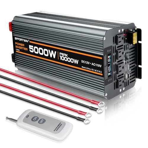 5000 watt Power Inverter DC 12V to AC 110V/120V Converter,10000w Peak.Comes with LCD Display,Wireless Controller, 4AC outlets,1USB.RV Inverter,Suitable for Camping,and Off-Grid Solar Inverter Systems
