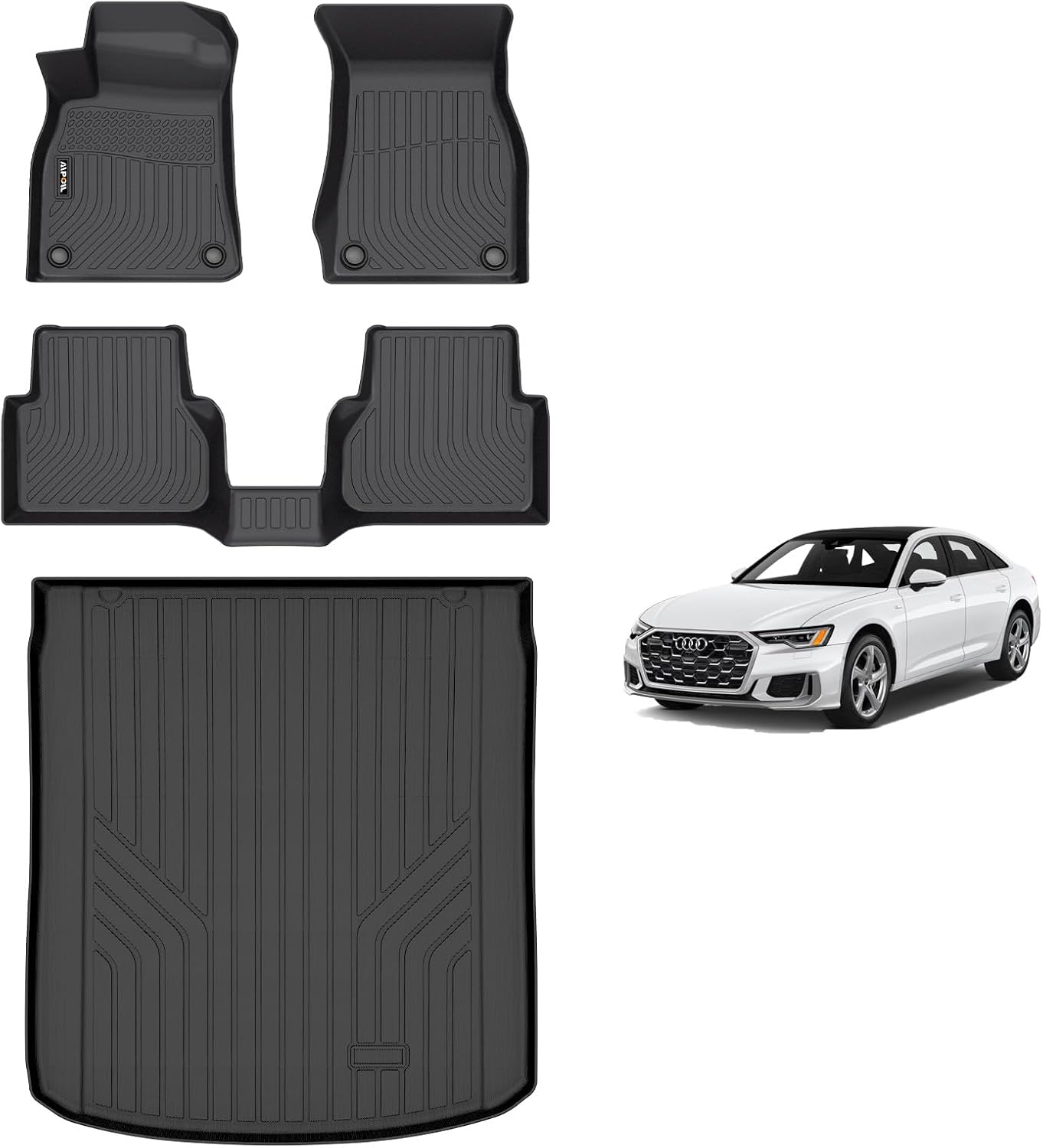 AIPOIL Floor Mats & Cargo Liner Set for 2019-2025 Audi A6 (Not for A6 Allroad Models) All Weather Protection TPE Anti-Slip Automotive Full Set Custom Car Mats Accessories - Black