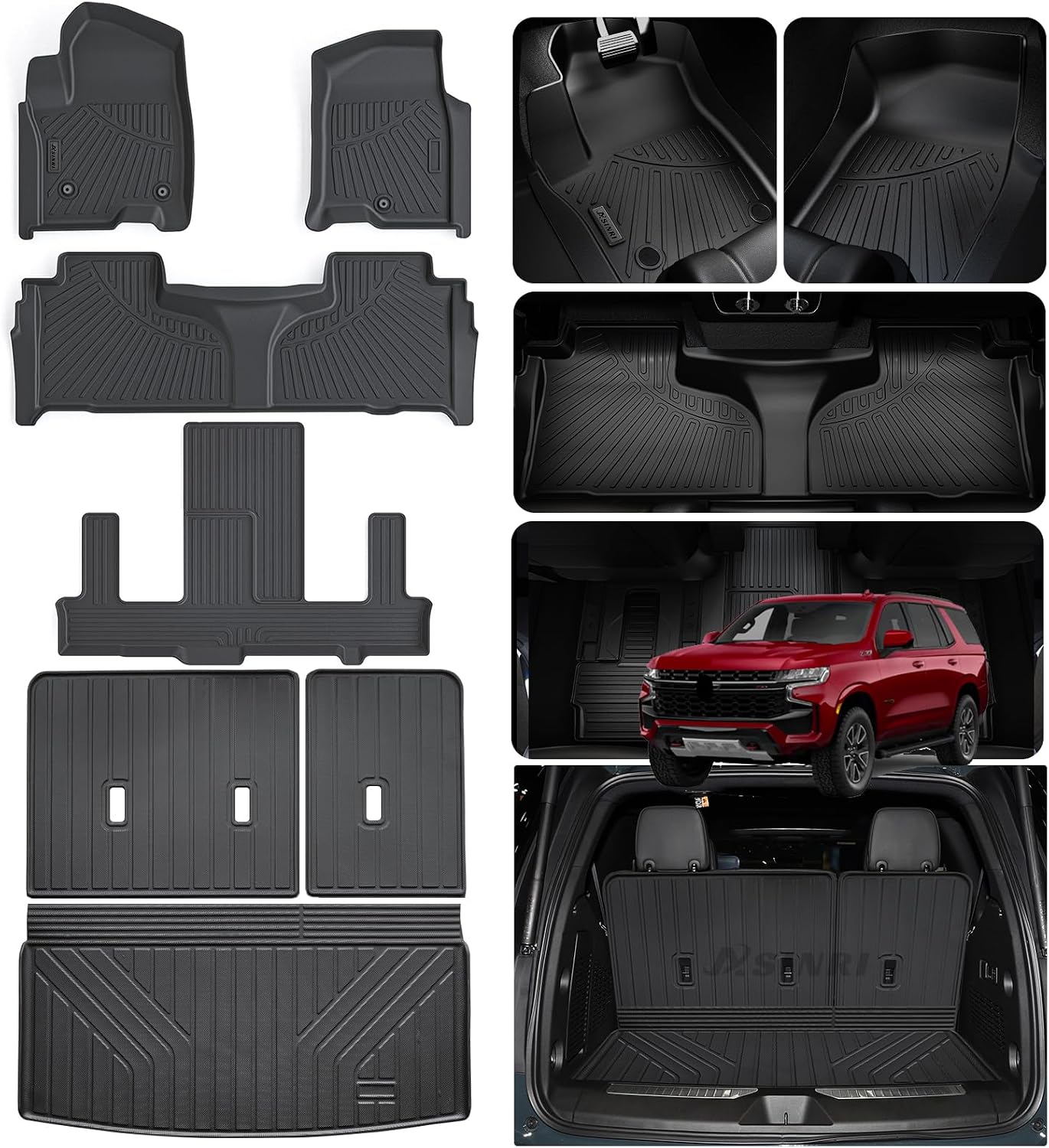 Floor Mats for 2021-2024 2025 Chevrolet Chevy Tahoe 7 Seats (2 Row Bucket Seat) & Trunk Mat & Backrest Mat, TPE All Weather Protection Car Floor Mats with Trunk Mat Covering The Backrest