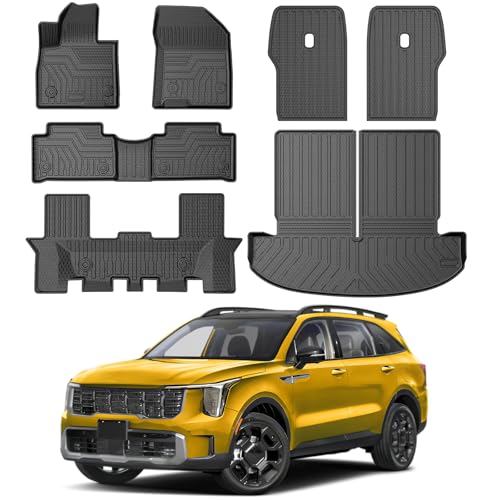 KUST Floor Mats Cargo Mat Set for 2021-2025 Kia Sorento 6 Seats (No Hybrid), All Weather TPE Rubber Rear Trunk Mat with 2nd/3rd Row Backrest Liners for Sorento Accessories Cover High Edge