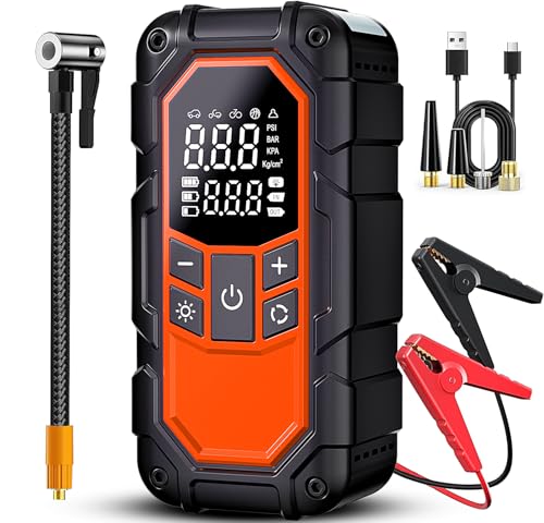 Jump Starter with Air Compressor,3000A car Battery Jump Starter (9.0 Gasoline/6.5L Diesel) with 150PSI Digital tire inflator Portable,12V Power Pack Car Jump Box Charger with LCD Display, Lights