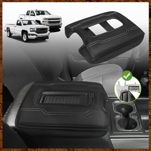 Muslogy Center Console Armrest Cover Compatible with Chevy Silverado & GMC Sierra 1500 2500 3500 2014-2018 Armrest Pad Arm Rest Cushion Vegan Leather Protector 1-Inch Extra Thick(Bucket Seat ONLY)