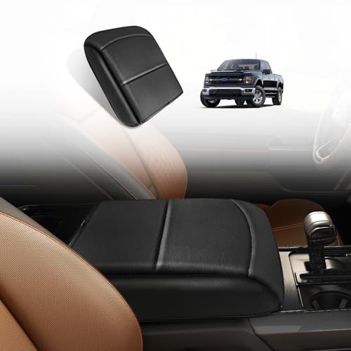 Muslogy Center Console Armrest Cover Compatible with Ford F150 2021-2024 2025 Comfort Armrest Pad Arm Rest Cushion Vegan Leather Protector 1-Inch Extra Thick(Bucket Seat ONLY)