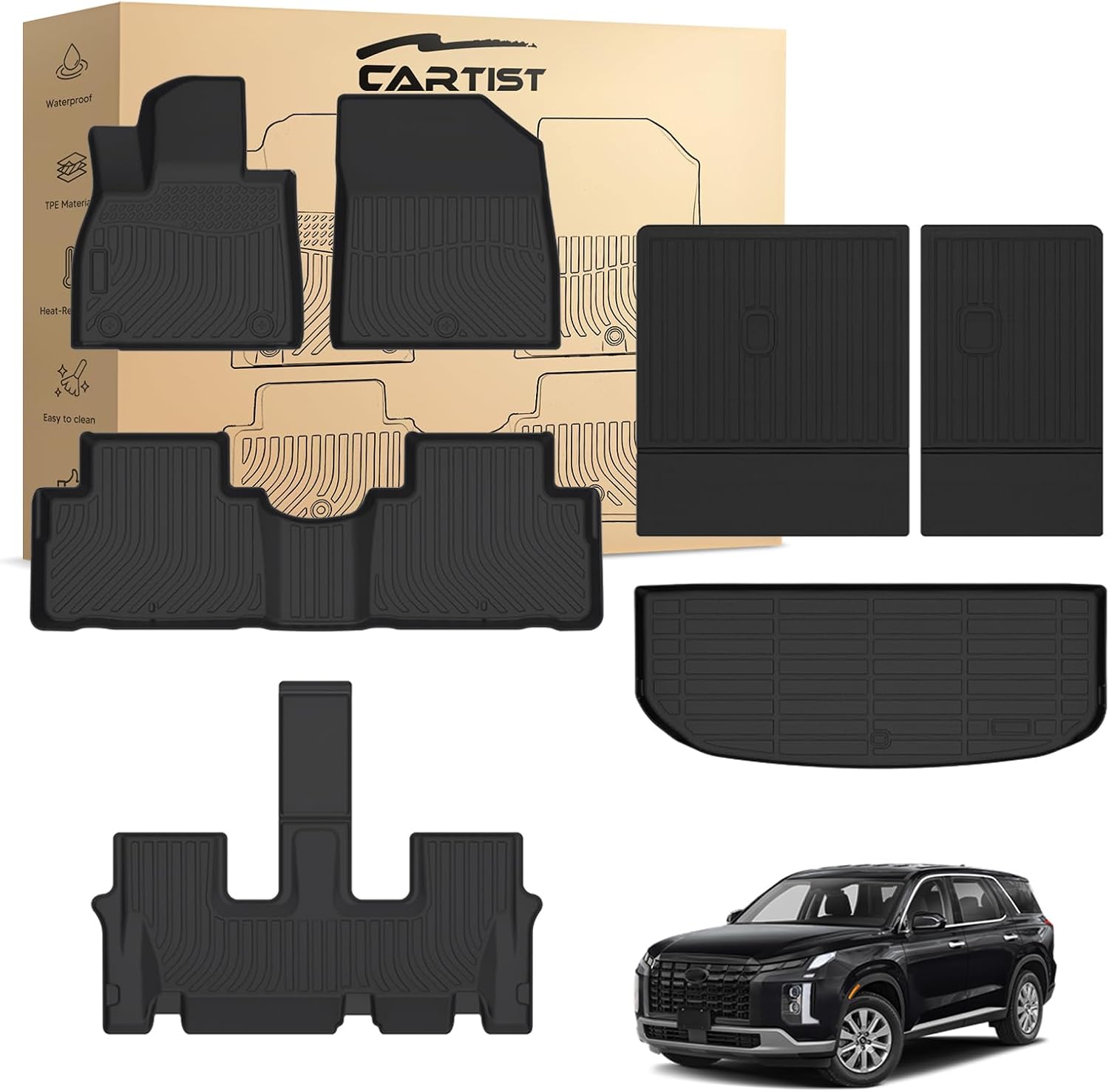Cartist Floor Mats Fit for 2020-2025 Hyundai Palisade Accessories, All Weather Floor Liner Trunk Mat Cargo Mat Back Seat Cover Heavy Duty(Floor Mats+Cargo Liner with Backrest Mat)
