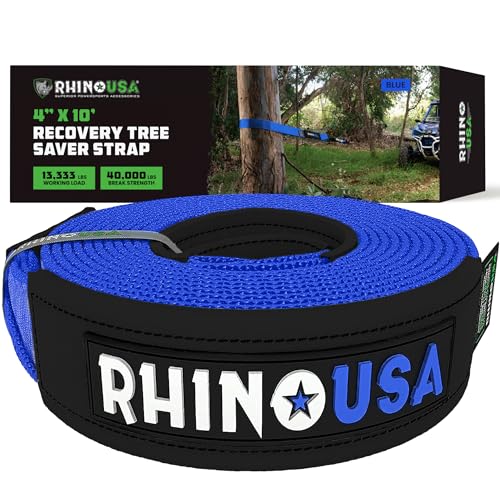 Rhino USA Tree Saver Tow Strap (4" x 10') - 40,320lb Break Strength - Emergency Recovery Strap Winch Extension for Truck, UTV, ATV & More - Heavy Duty Straps Compatible with Jeep, Ford, Toyota (Blue)