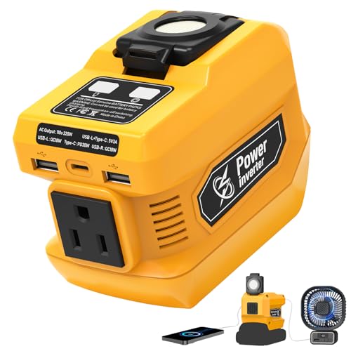 220W Power Inverter Compatible with Dewalt 20V Battery, DC 20V to AC 110V-120V Portable Power Generator, Inverter with 2 USB Ports 1 Type-C 1 AC Outlet, 400 Lumen Light
