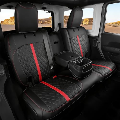 for Jeep Wrangler Seat Covers 4Door JL 2018 2019 2020 2021 2022 2023 2024 2025, Custom Car Seat Cover Full Set, Luxury Waterproof Leather Seat Protectors, Black Red Trim, With Rear Cup Holder